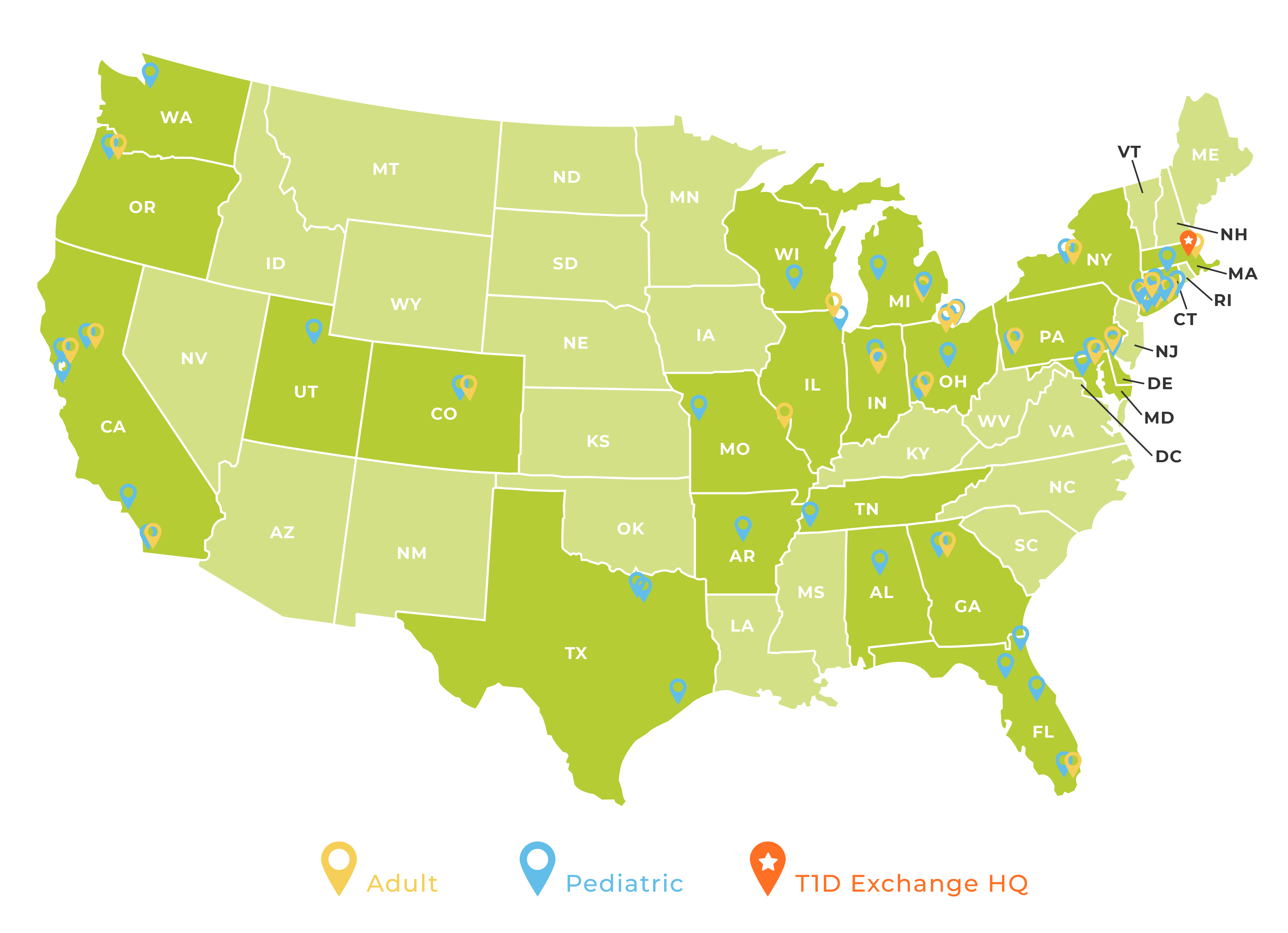 Map of T1DX-QI partner centers across the United States